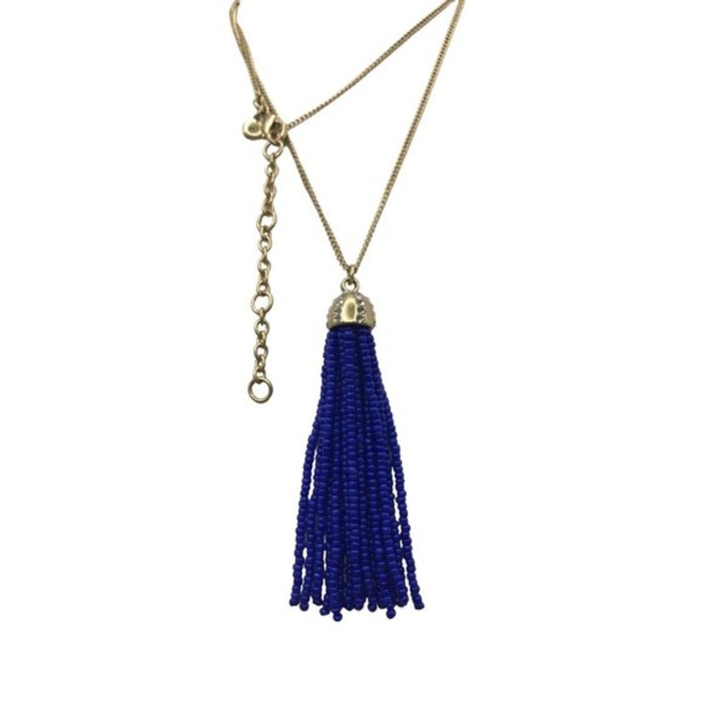 J CREW Tassel Pendant Necklace Blue Bead Brushed Gold Chain 30 inches